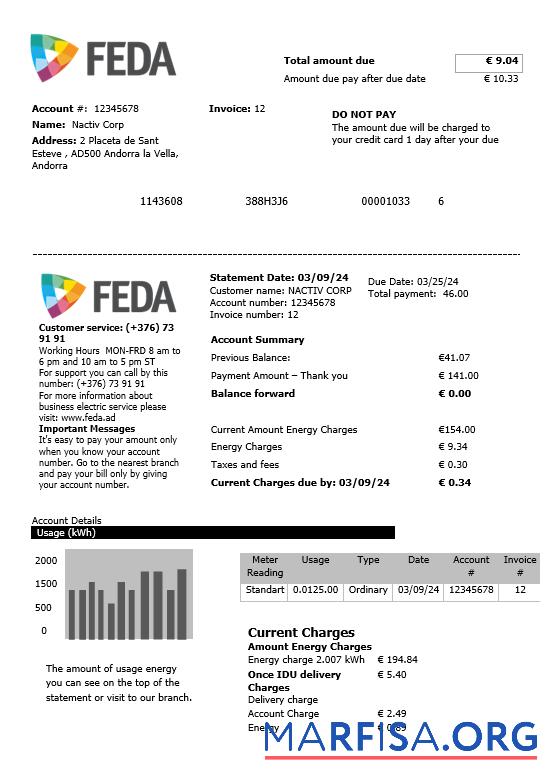 Downloadable Andorra Electric Forces of Andorra business utility bill template in Word and PDF formats